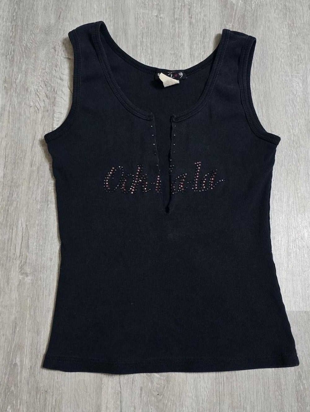Vintage Y2K 579 "Ooh Lala" Black Tank Top Rhinestone Jewels Women's